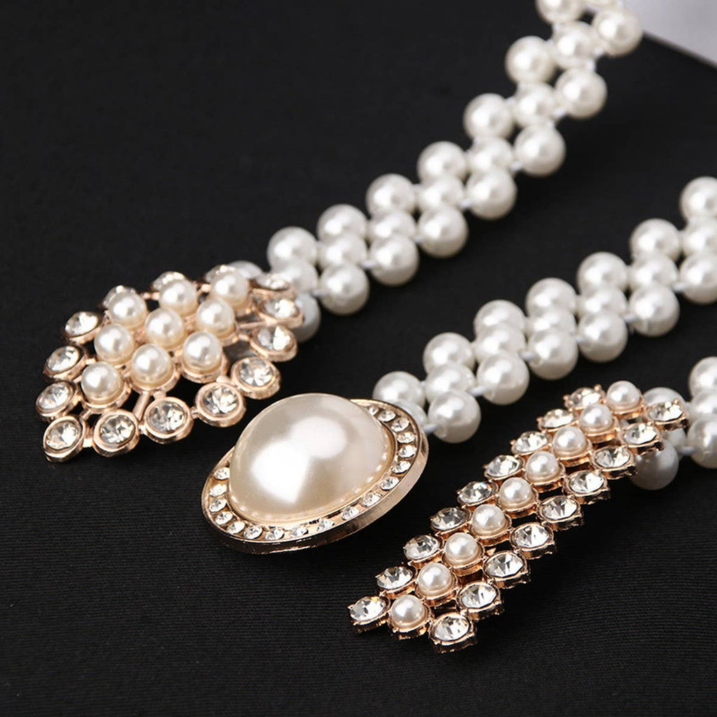 PEARL WOVEN ELASTIC BELT RHINESTONE ALLOY BUCKLES