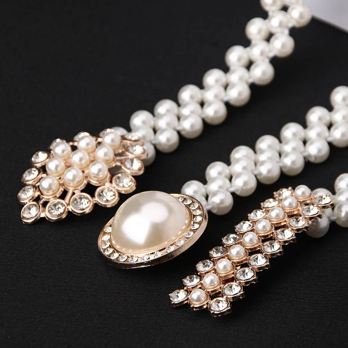 PEARL WOVEN ELASTIC BELT RHINESTONE ALLOY BUCKLES