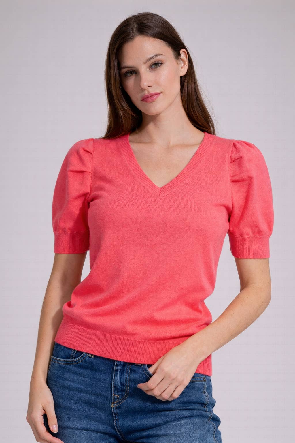 V Neck Blue and Coral Knit Sweater Top