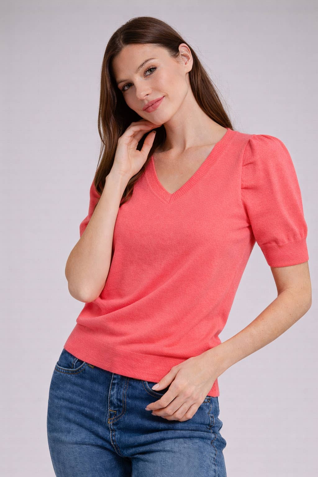 V Neck Blue and Coral Knit Sweater Top