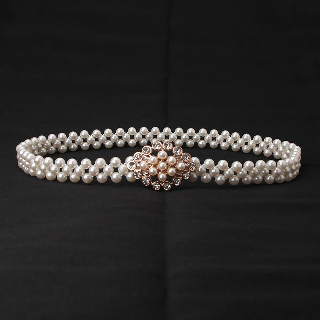 PEARL WOVEN ELASTIC BELT RHINESTONE ALLOY BUCKLES