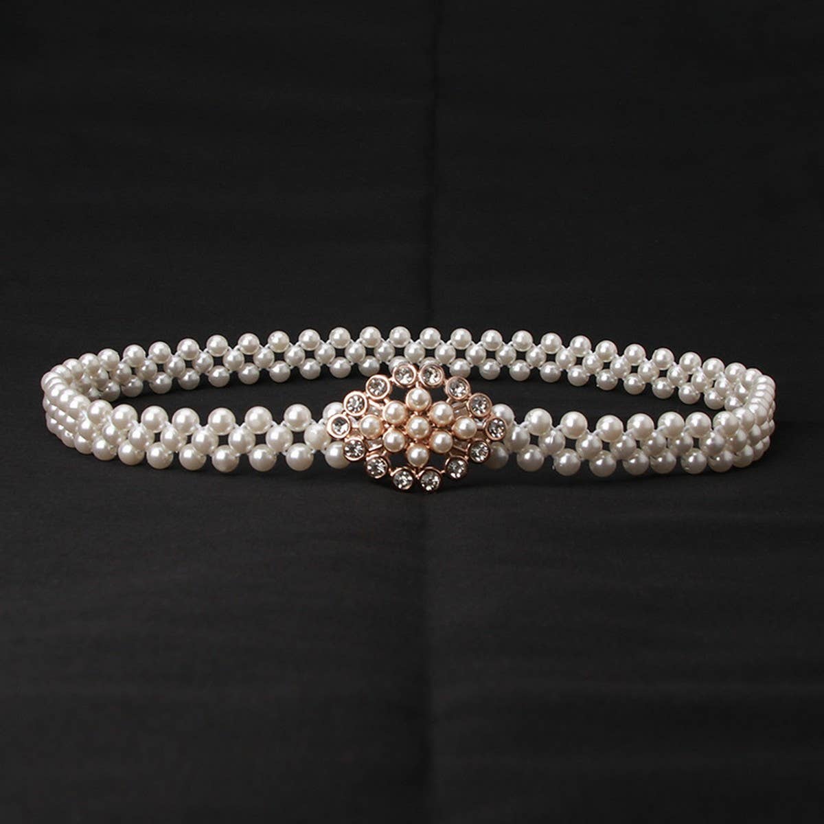 PEARL WOVEN ELASTIC BELT RHINESTONE ALLOY BUCKLES