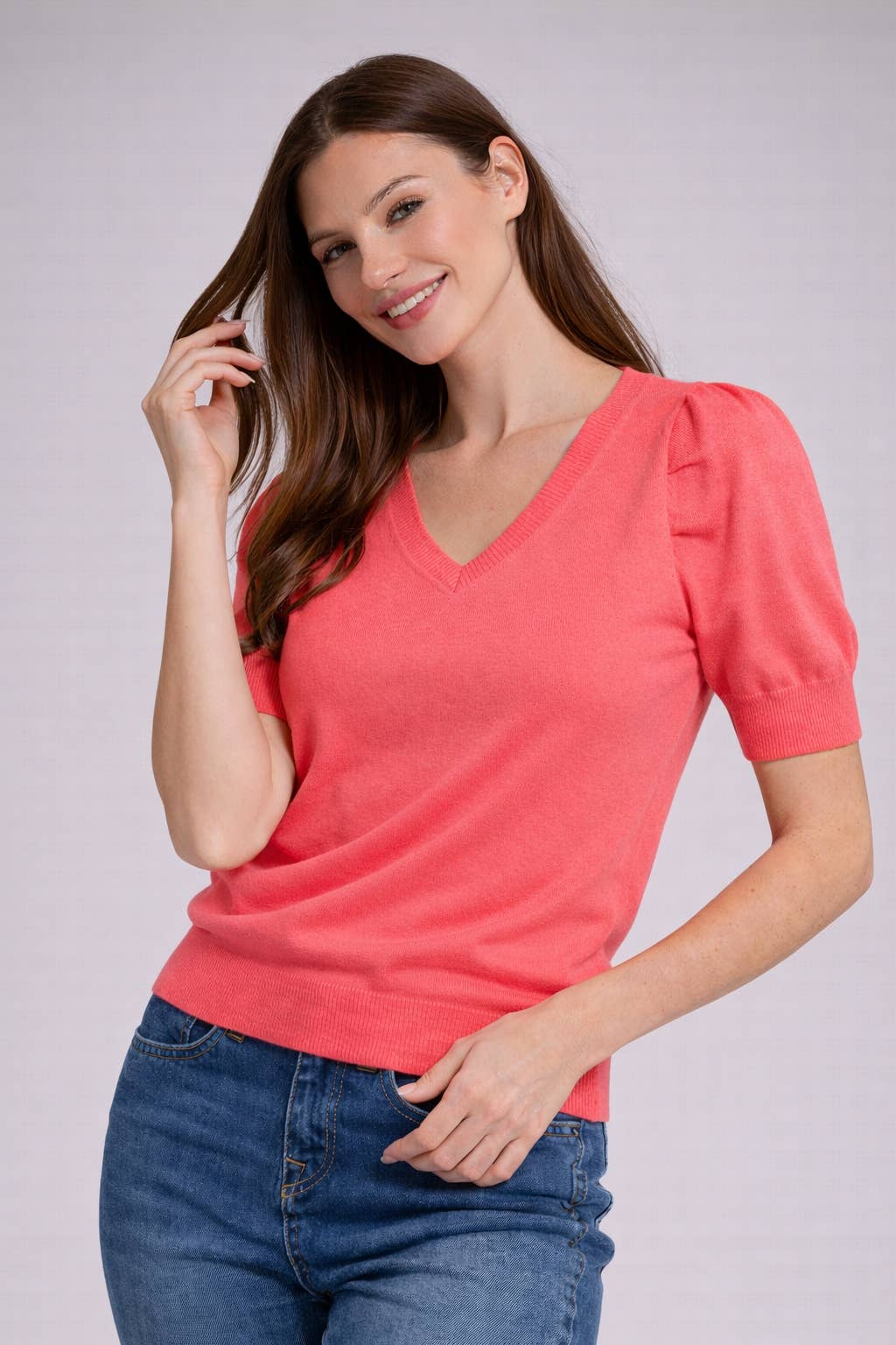 V Neck Blue and Coral Knit Sweater Top